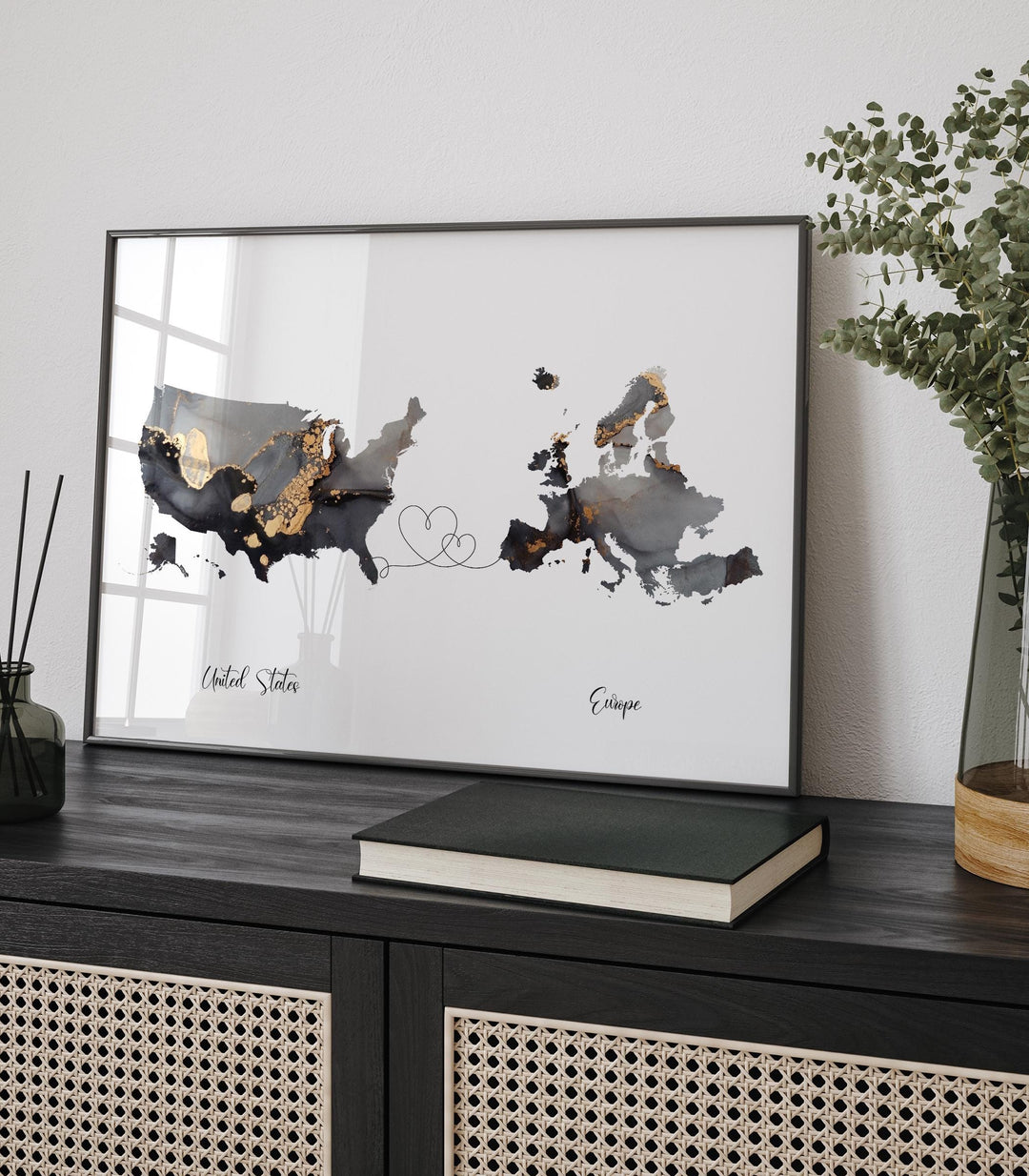 USA and Europe Map Black & Gold Travel Wall Art Print | United States | America | Travel Moving Home Gift