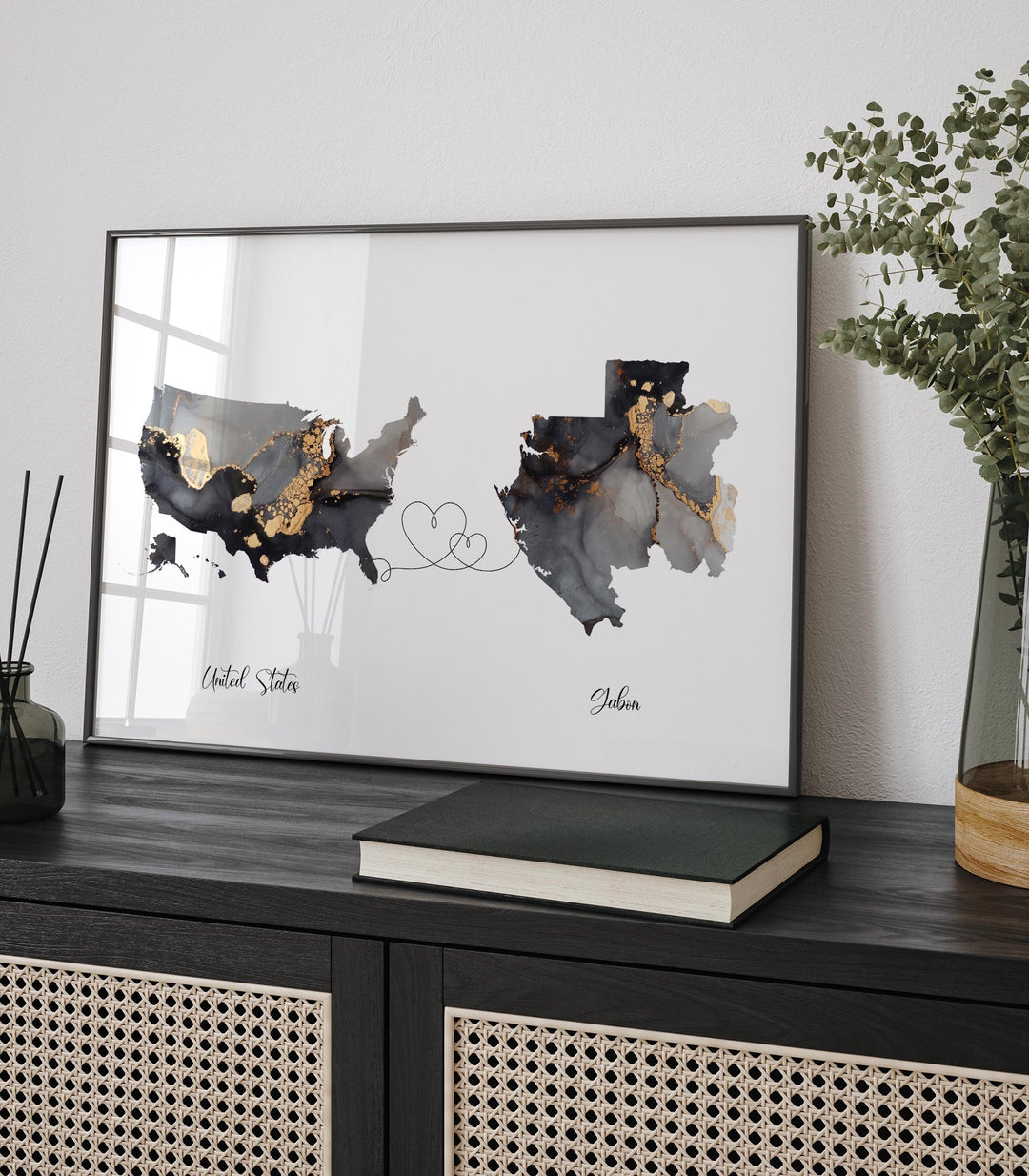 USA and Gabon Map Black & Gold Travel Wall Art Print | United States | America | Travel Moving Home Gift