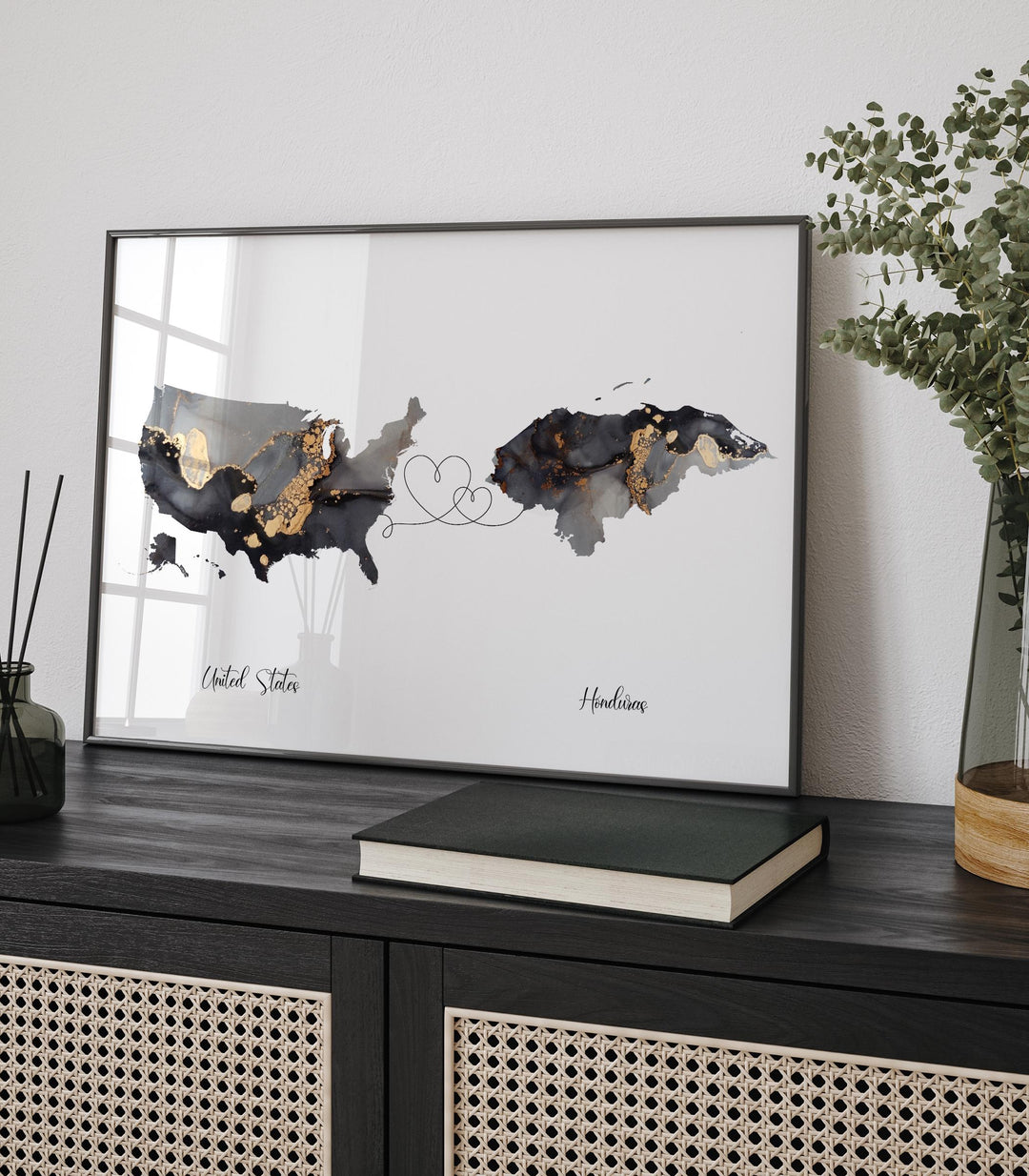 USA and Honduras Map Black & Gold Travel Wall Art Print | United States | America | Travel Moving Home Gift