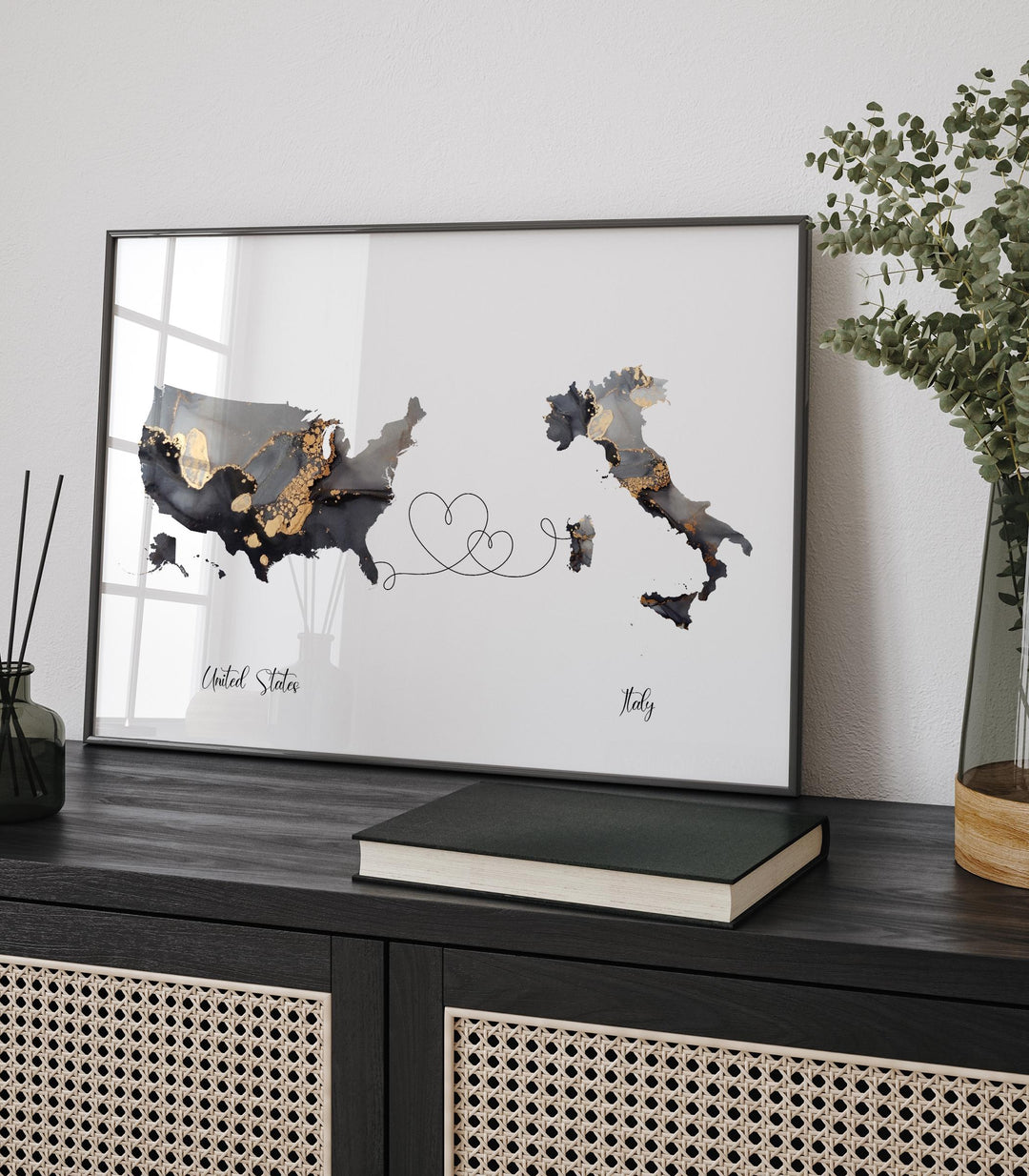 USA and Italy Map Black & Gold Travel Wall Art Print | United States | America | Travel Moving Home Gift