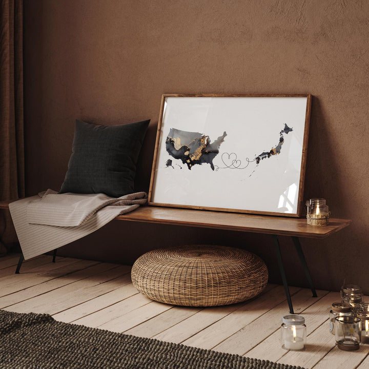 USA and Japan Map Black & Gold Travel Wall Art Print | United States | America | Travel Moving Home Gift