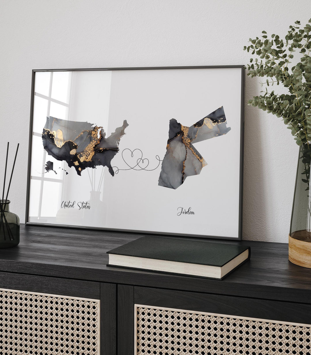 USA and Jordan Map Black & Gold Travel Wall Art Print | United States | America | Travel Moving Home Gift