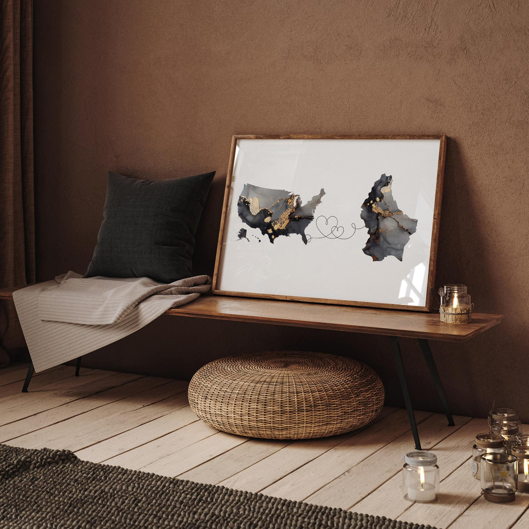 USA and Luxembourg Map Black & Gold Travel Wall Art Print | United States | America | Travel Moving Home Gift