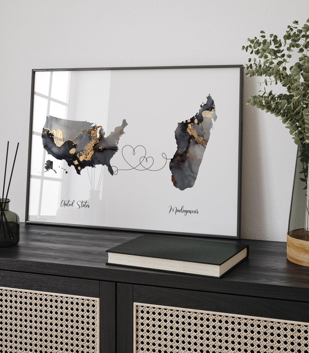 USA and Madagascar Map Black & Gold Travel Wall Art Print | United States | America | Travel Moving Home Gift