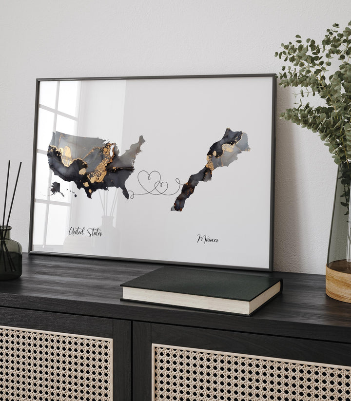 USA and Morocco Map Black & Gold Travel Wall Art Print | United States | America | Travel Moving Home Gift