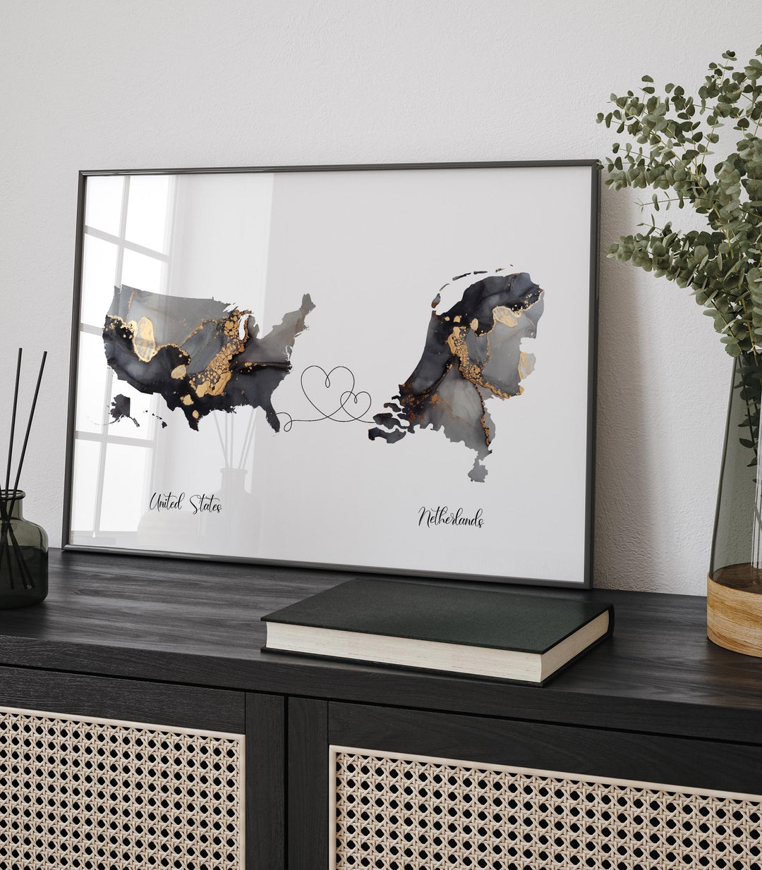 USA and Netherlands Map Black & Gold Travel Wall Art Print | United States | America | Travel Moving Home Gift