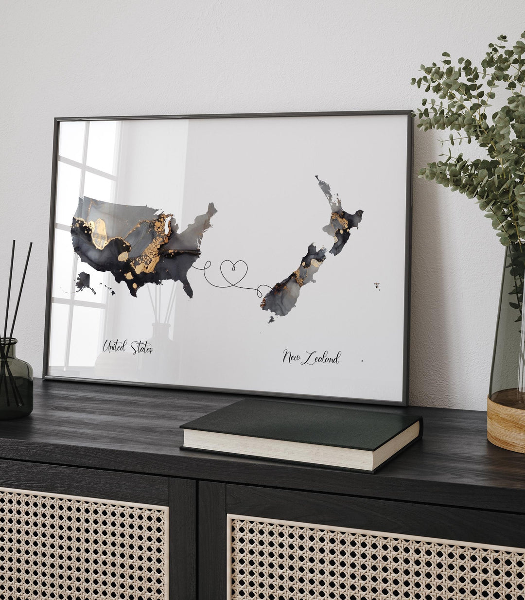USA and New Zealand Map Black & Gold Travel Wall Art Print | United States | America | Travel Moving Home Gift