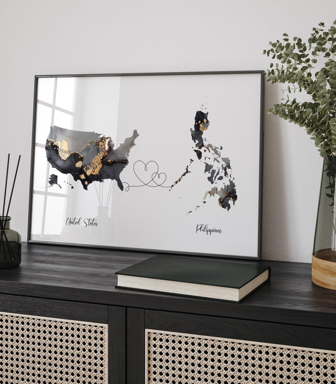 USA and Philippines Map Black & Gold Travel Wall Art Print | United States | America | Travel Moving Home Gift