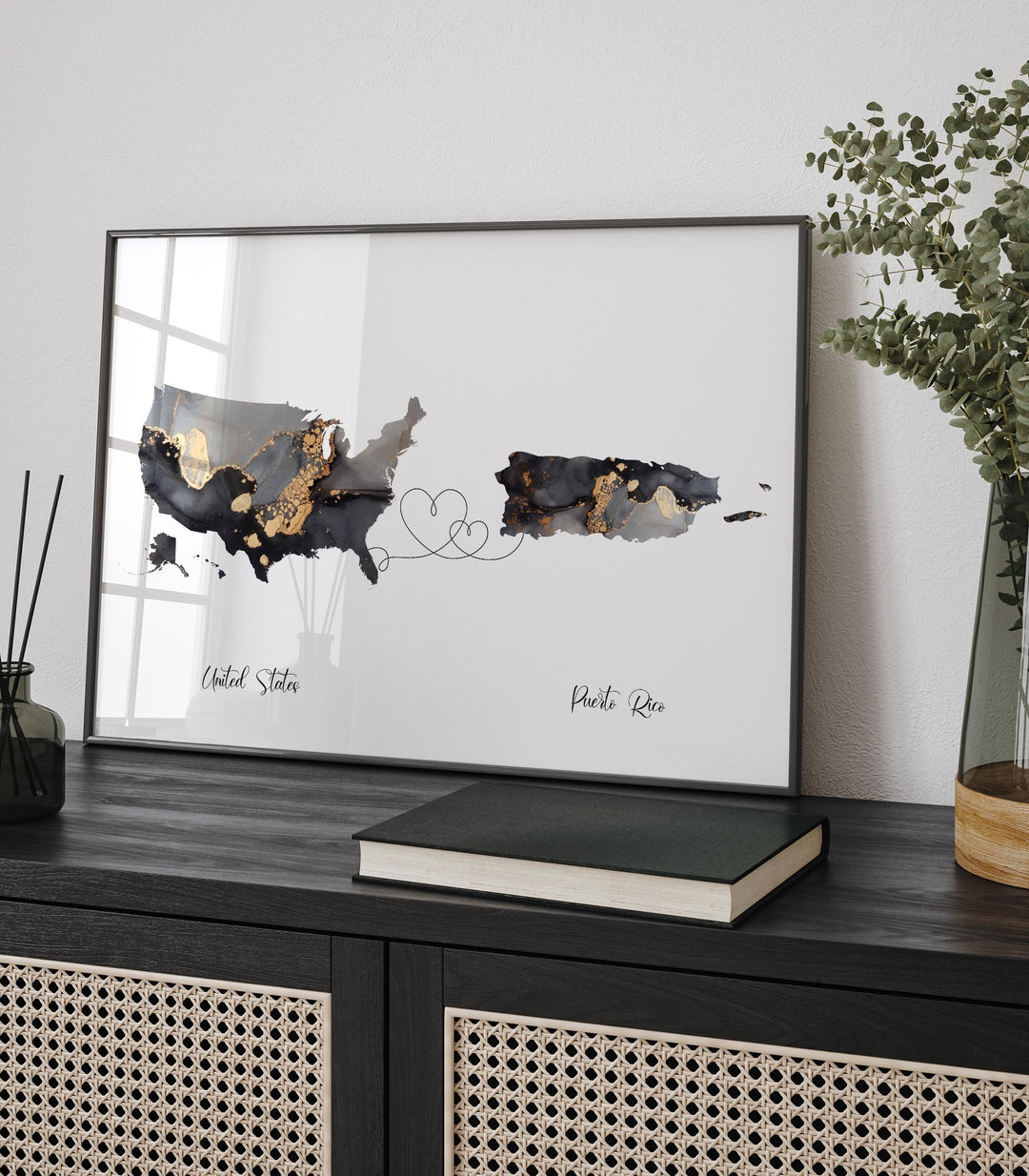 USA and Puerto Rico Map Black & Gold Travel Wall Art Print | United States | America | Travel Moving Home Gift