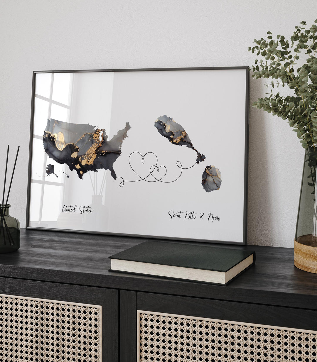 USA and Saint Kitts and Nevis Map Black & Gold Travel Wall Art Print | United States | America | Travel Moving Home Gift