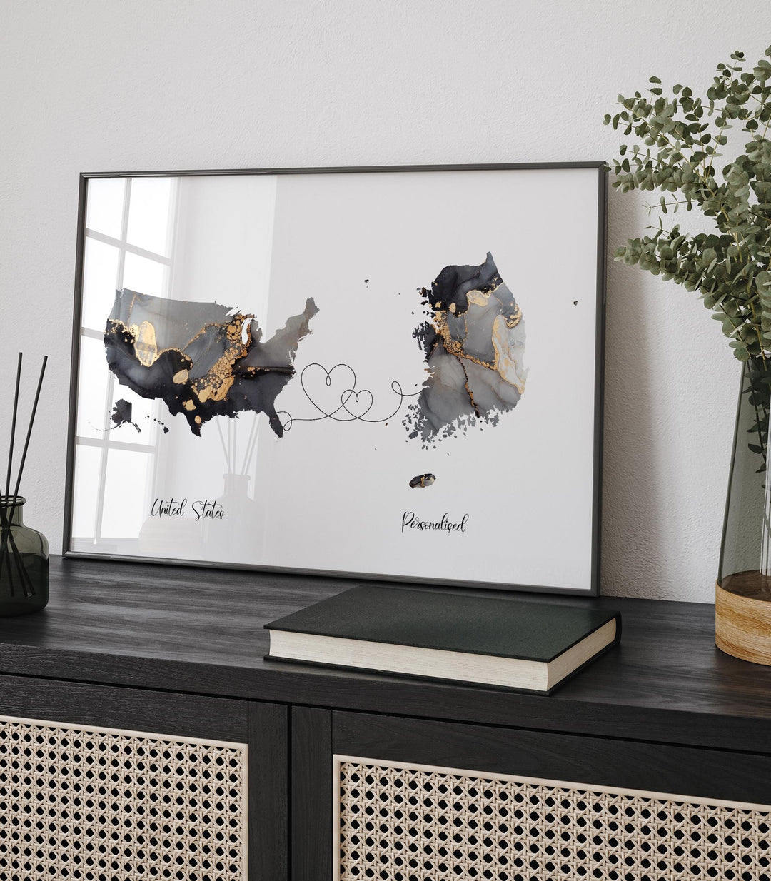 USA and South Korea Map Black & Gold Travel Wall Art Print | United States | America | Travel Moving Home Gift