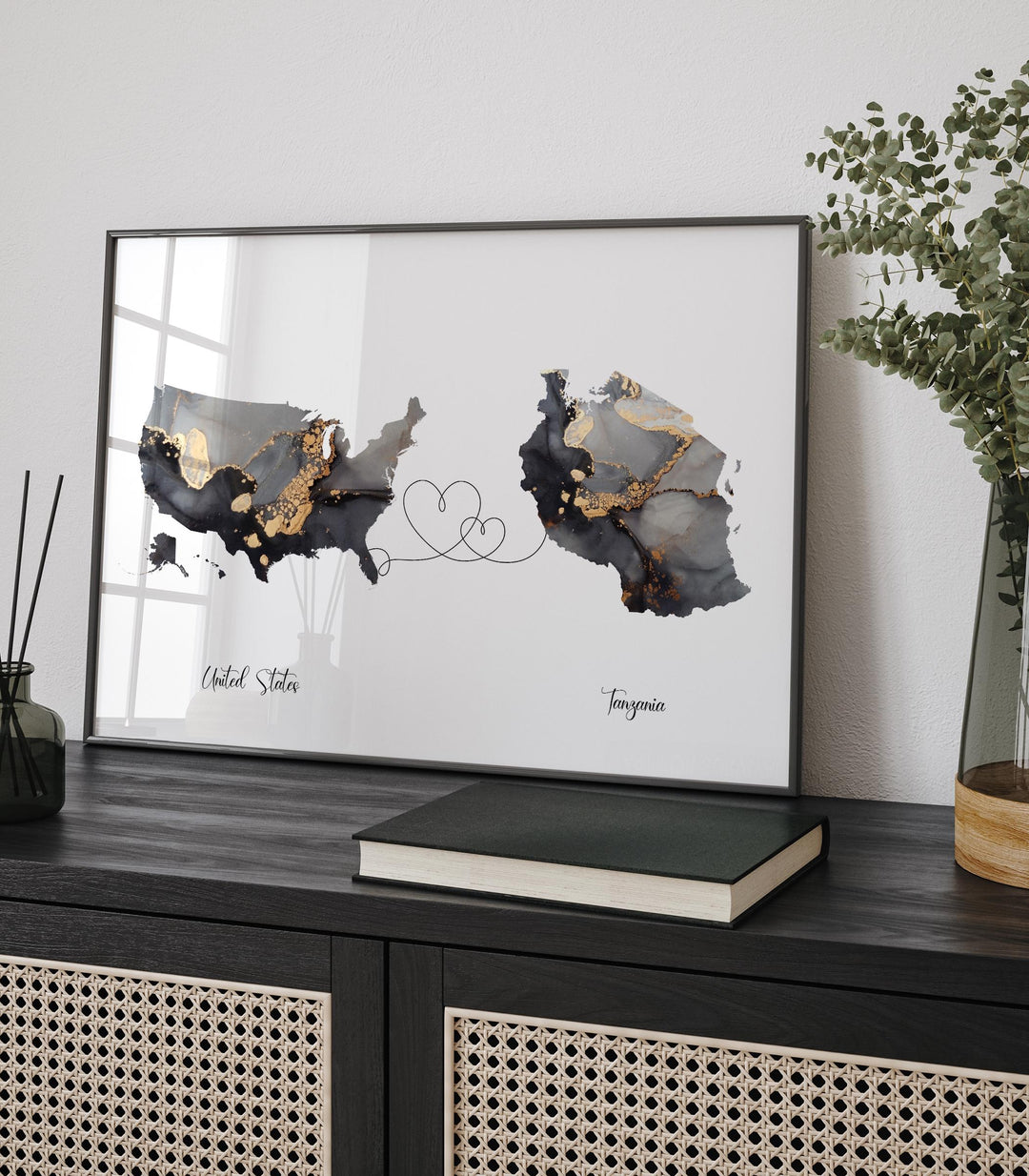USA and Tanzania Map Black & Gold Travel Wall Art Print | United States | America | Travel Moving Home Gift