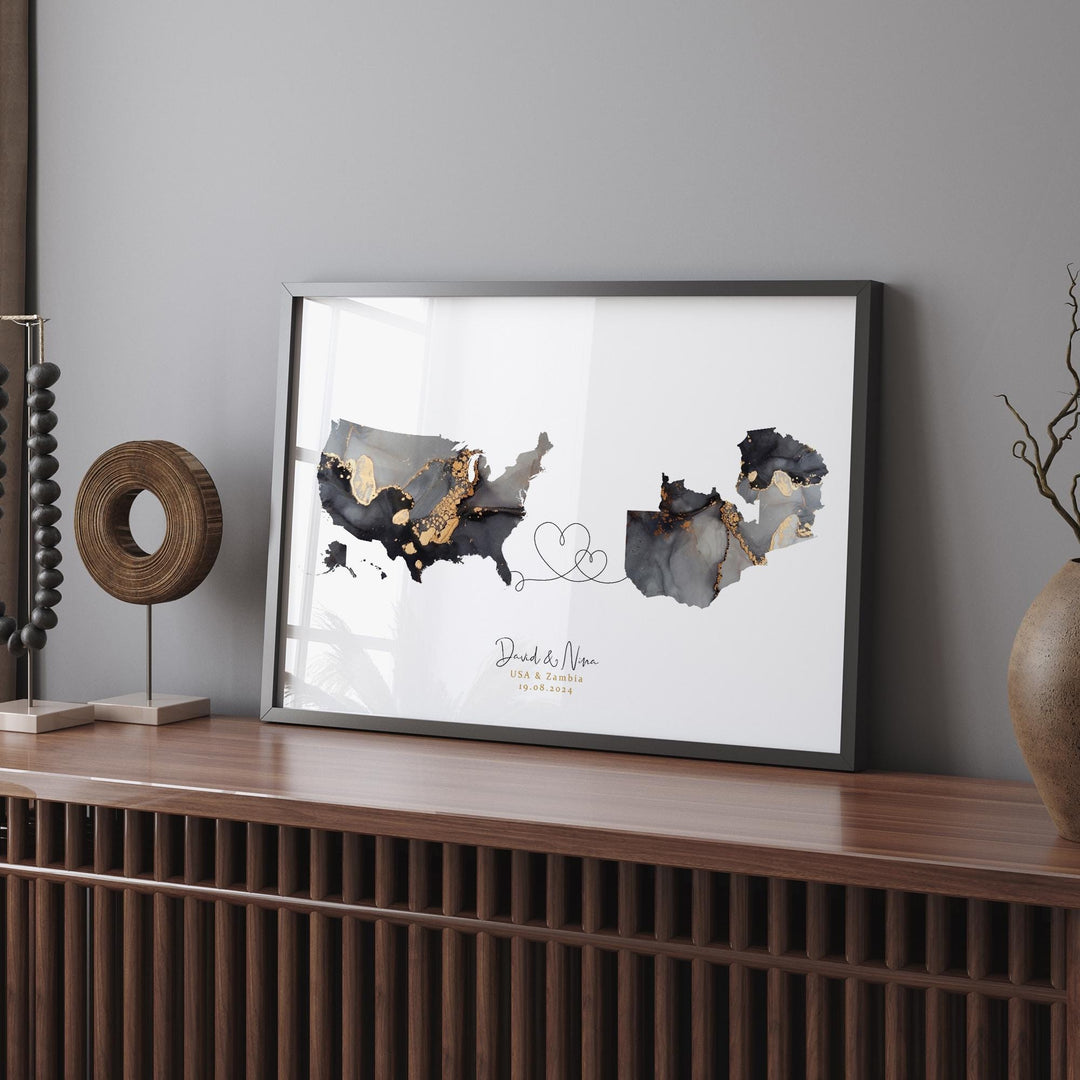 USA and Zambia Map Black & Gold Travel Wall Art Print | United States | America | Travel Moving Home Gift