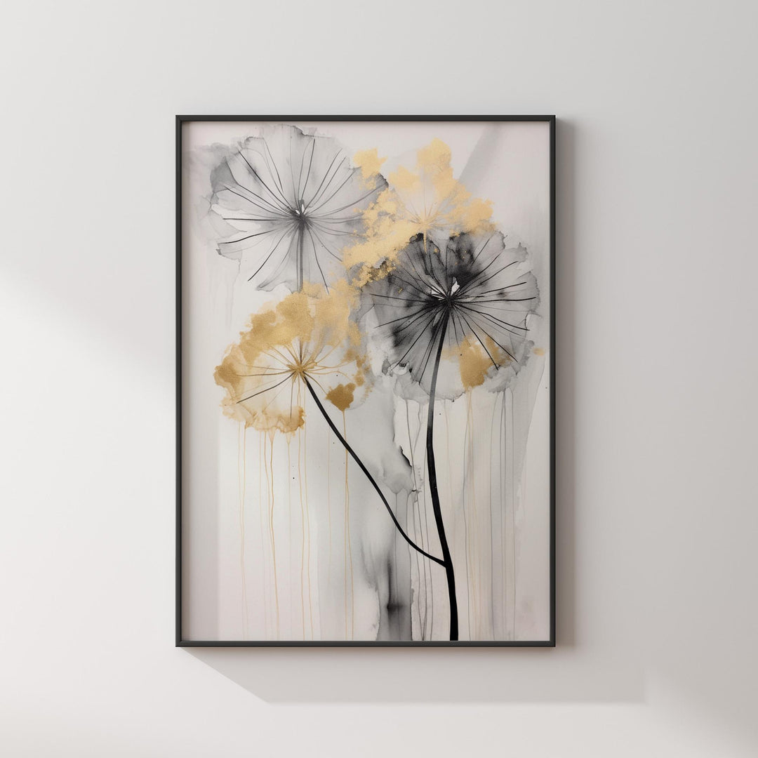 Dandelion Shades of Black, Grey, and Gold  Wall Art Print | Elegant Botanical Decor for Home or Office