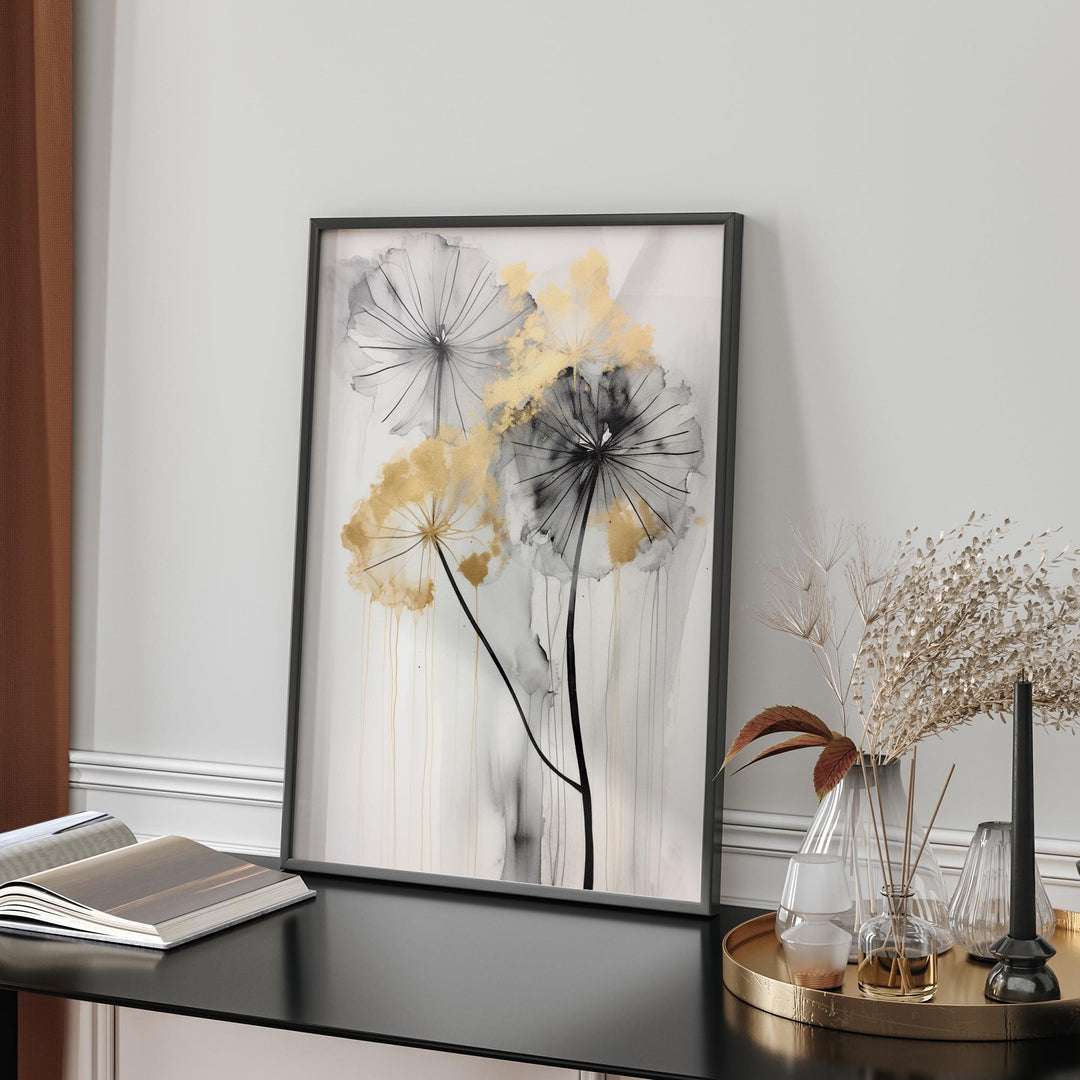 Dandelion Shades of Black, Grey, and Gold  Wall Art Print | Elegant Botanical Decor for Home or Office