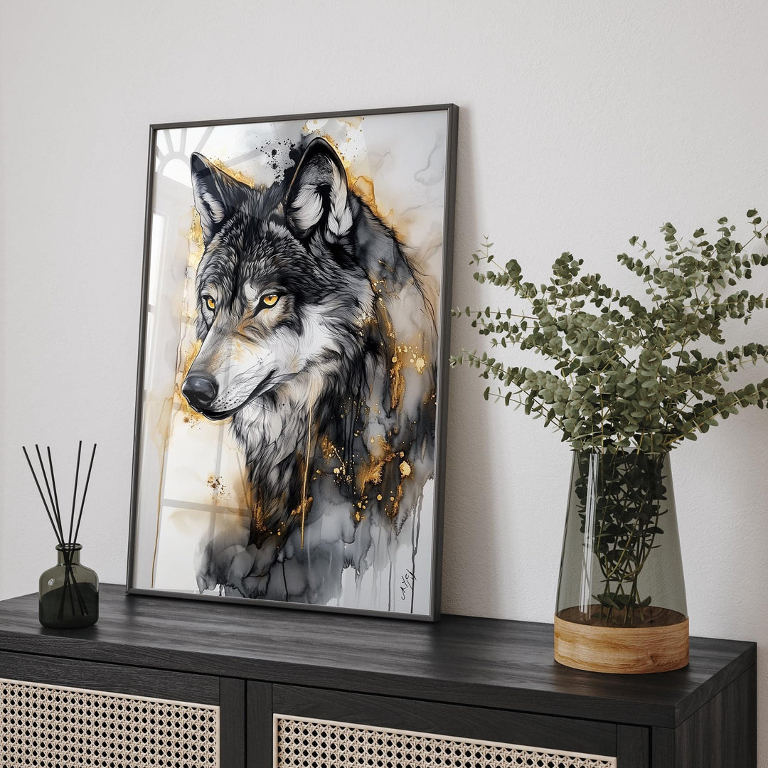 Wolf Wall Art In Shades Black, Grey and Gold | Elegant Wildlife Wall Art Print