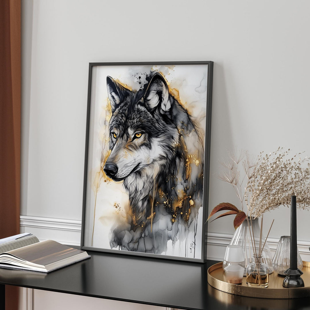 Wolf Wall Art In Shades Black, Grey and Gold | Elegant Wildlife Wall Art Print