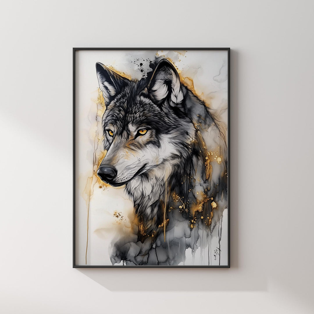 Wolf Wall Art In Shades Black, Grey and Gold | Elegant Wildlife Wall Art Print
