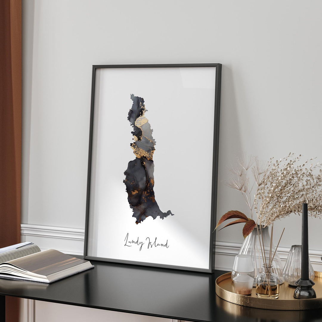 Lundy Island Devon Map Black & Gold Wall Art Print | England | United Kingdom | Great Britain