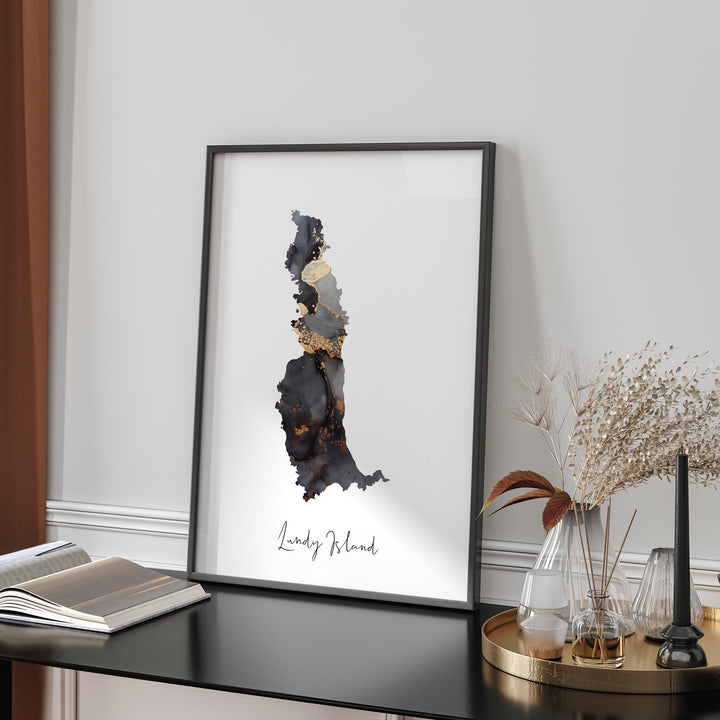 Lundy Island Devon Map Black & Gold Wall Art Print | England | United Kingdom | Great Britain
