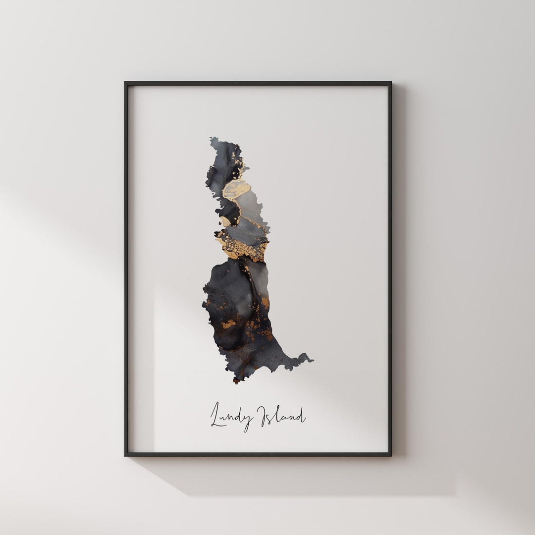 Lundy Island Devon Map Black & Gold Wall Art Print | England | United Kingdom | Great Britain