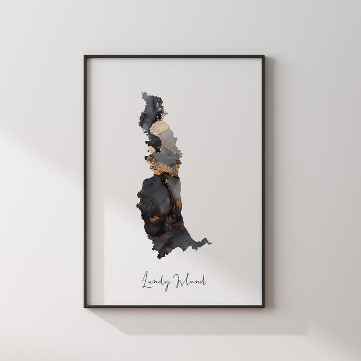 Lundy Island Devon Map Black & Gold Wall Art Print | England | United Kingdom | Great Britain