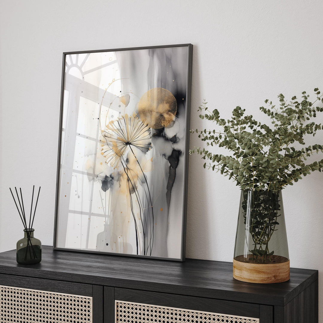 Dandelion Black, Grey and Gold  Wall Art Print | Nature-Inspired Botanical Decor