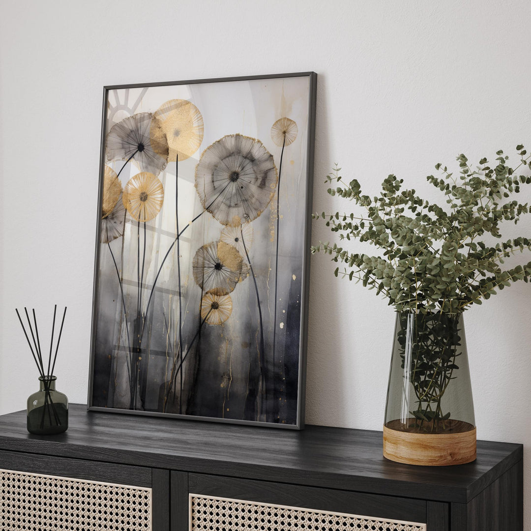 Dandelion Wall Art Print in Black, Grey, and Gold | Unframed Botanical Decor with Modern Floral Elegance