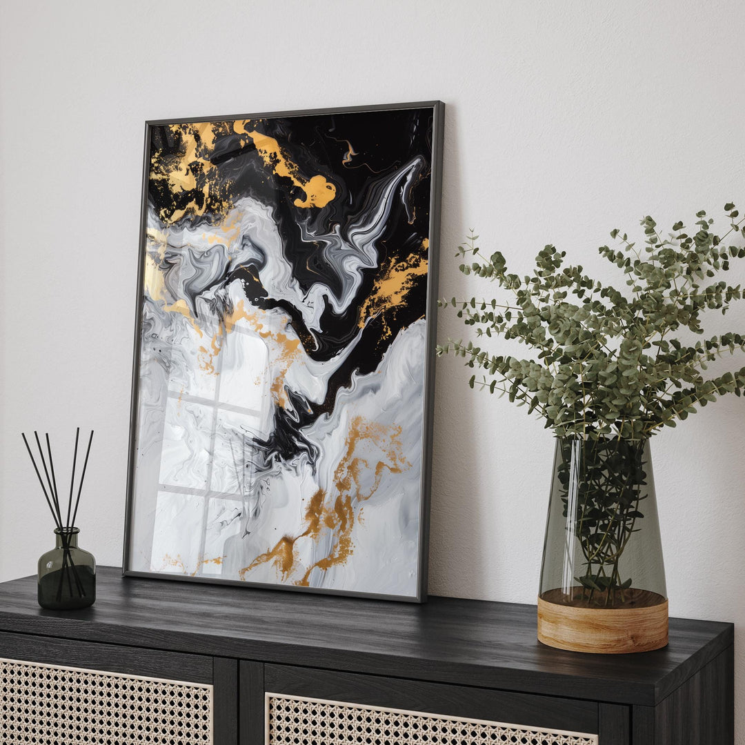 Geometric Lines, Gold, Black Picture Wall Floral Design Art Print | Elegant Decor for Any Space