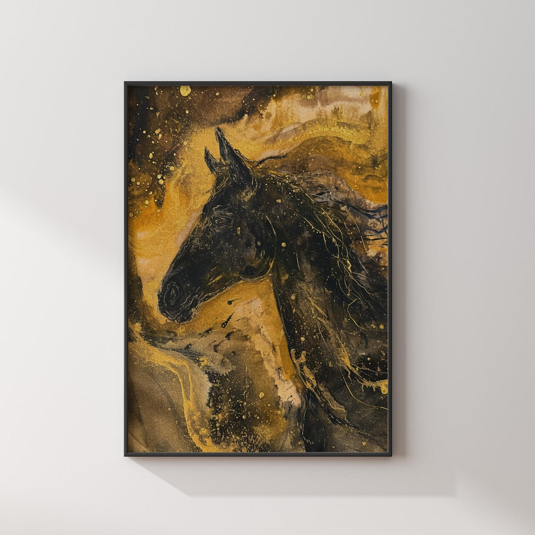 Black Horse with black & Gold background Wall Art Print  | Majestic Equine Artwork Floral Accents