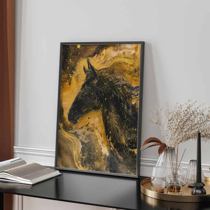 Black Horse with black & Gold background Wall Art Print  | Majestic Equine Artwork Floral Accents