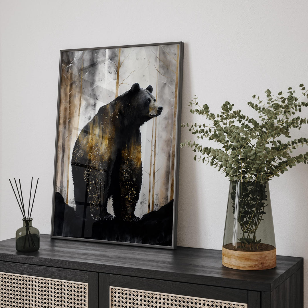 Black Bear Wall Art Print | Grey, and Gold  Nature Inspired Botanical Decor