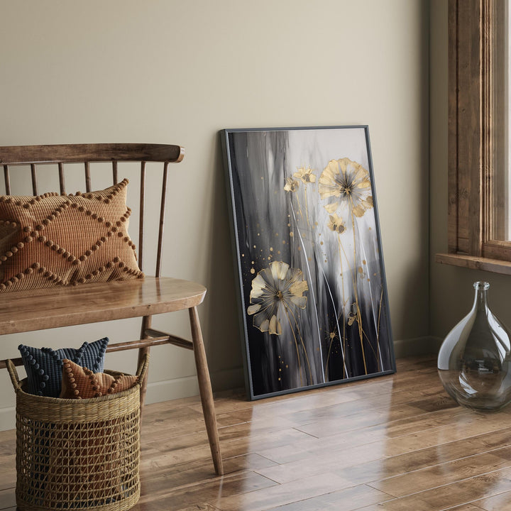 Dandelion Wall Art Print in Black, Grey, and Gold | Elegant Botanical and Floral Home Decor