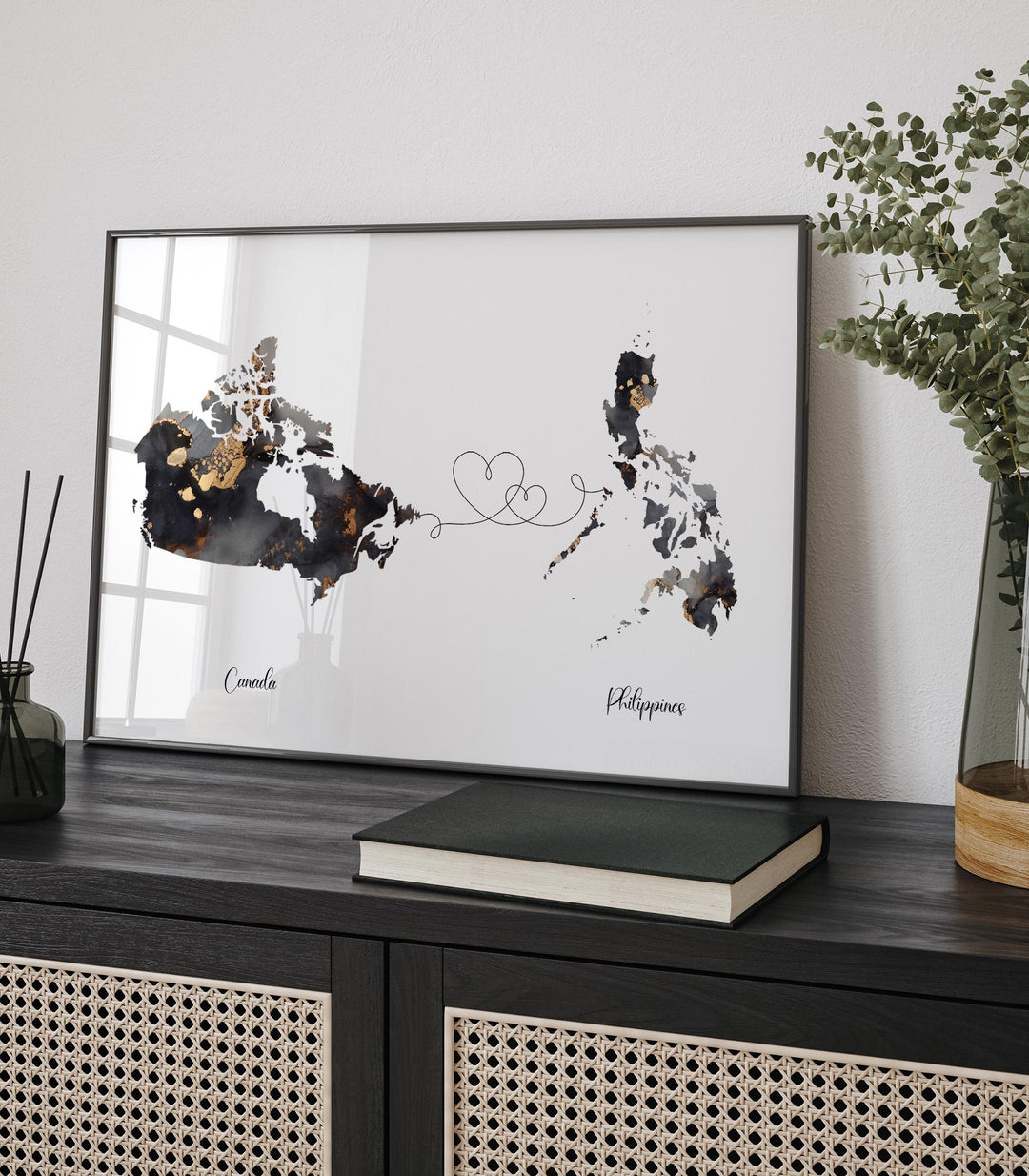 Canada and Philippines Map Black & Gold Travel Wall Art Print | Canadian | Minimalist Decor | International Travel Art
