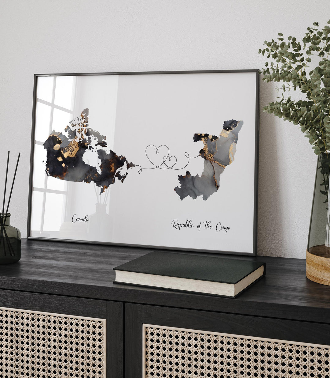 Canada and Republic of the Congo Map Black & Gold Travel Wall Art Print | Canadian | Minimalist Decor | International Travel Art