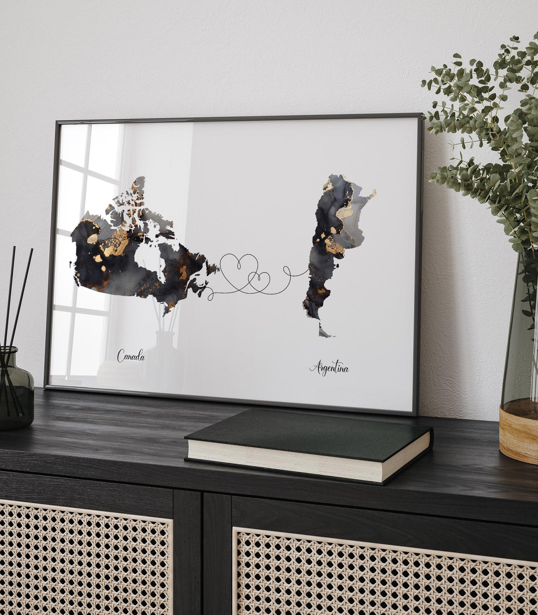 Canada and Argentina Map Black & Gold Travel Wall Art Print | Canadian | Minimalist Decor | International Travel Art