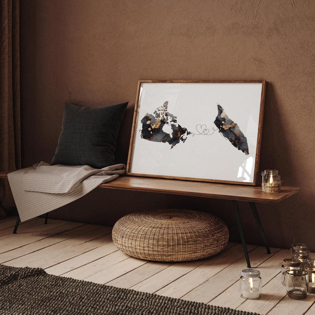 Canada and Aruba Map Black & Gold Travel Wall Art Print | Canadian | Minimalist Decor | International Travel Art