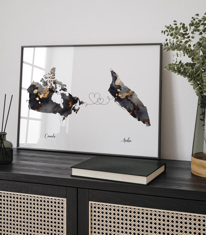 Canada and Aruba Map Black & Gold Travel Wall Art Print | Canadian | Minimalist Decor | International Travel Art