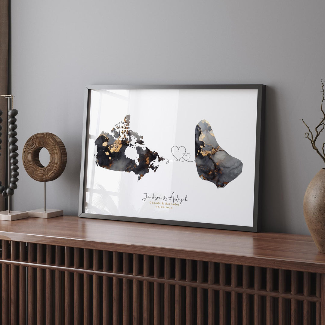 Canada and Barbados Map Black & Gold Travel Wall Art Print | Canadian | Minimalist Decor | International Travel Art