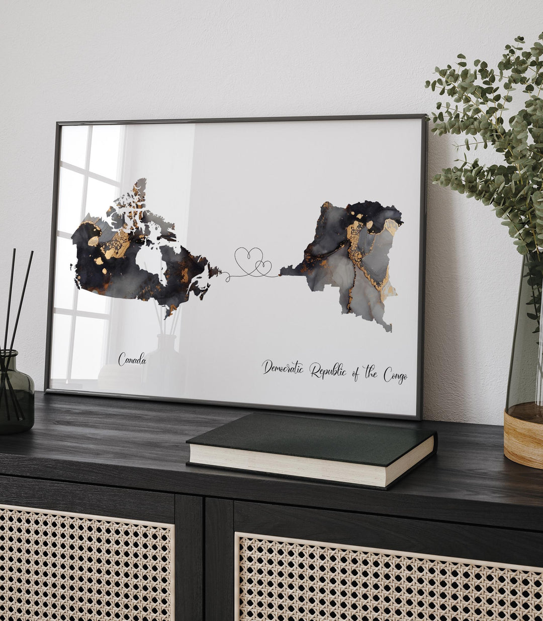 Canada and Democratic Republic of the Congo Map Black & Gold Travel Wall Art Print | Canadian | Minimalist Decor | International Travel Art