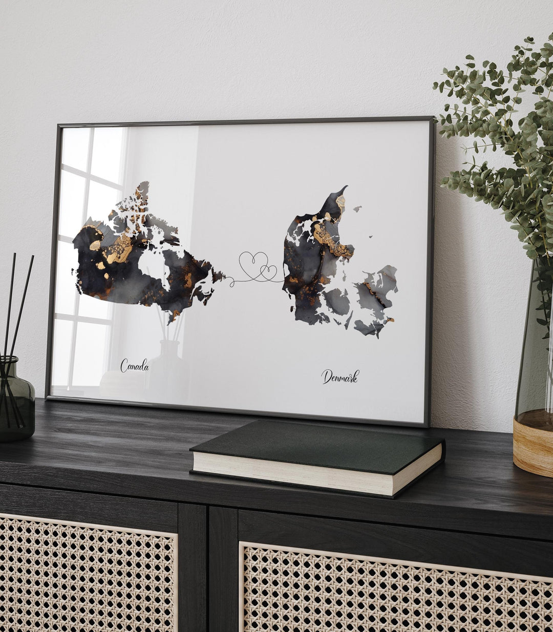 Canada and Denmark Map Black & Gold Travel Wall Art Print | Canadian | Minimalist Decor | International Travel Art