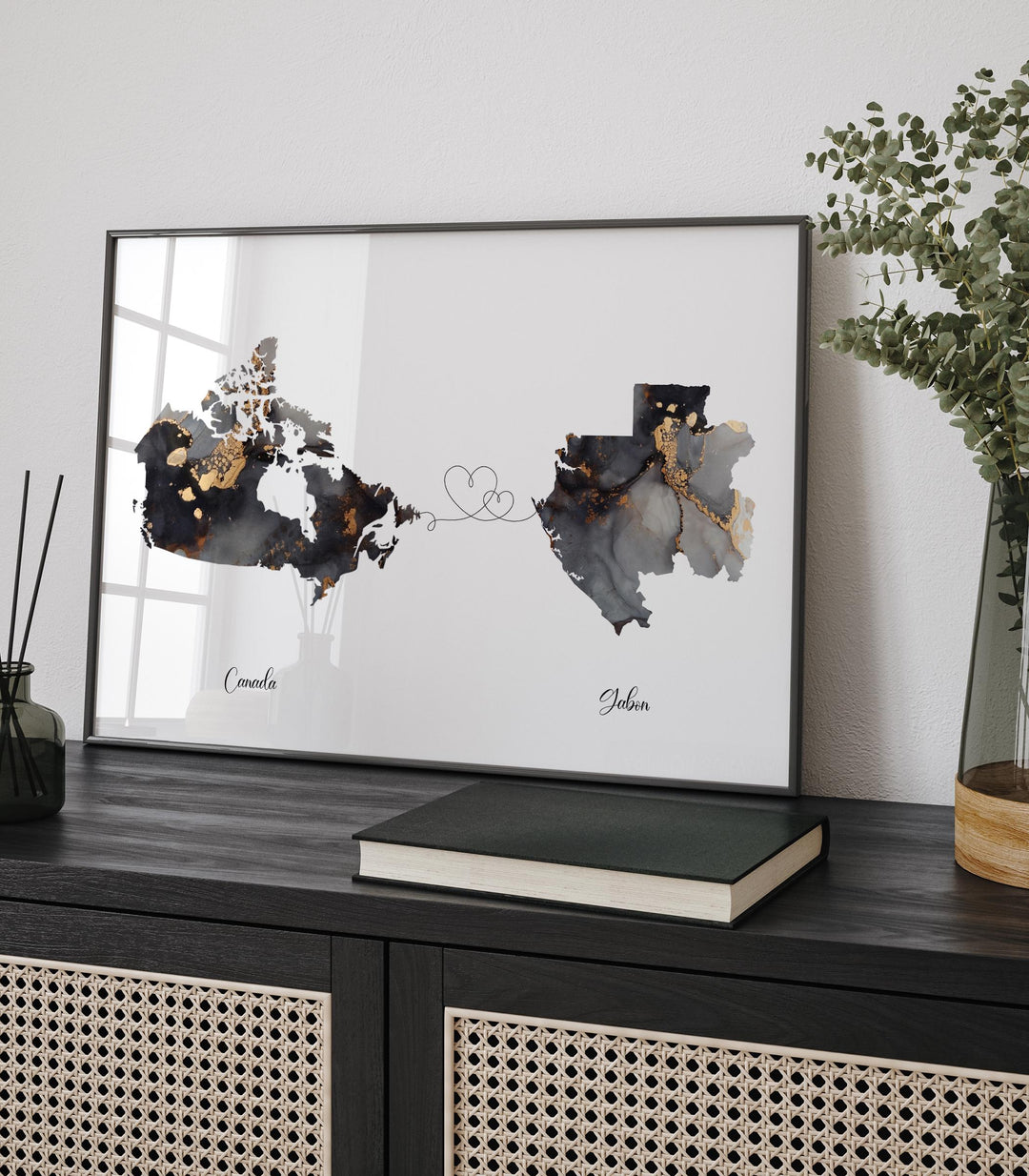 Canada and Gabon Map Black & Gold Travel Wall Art Print | Canadian | Minimalist Decor | International Travel Art