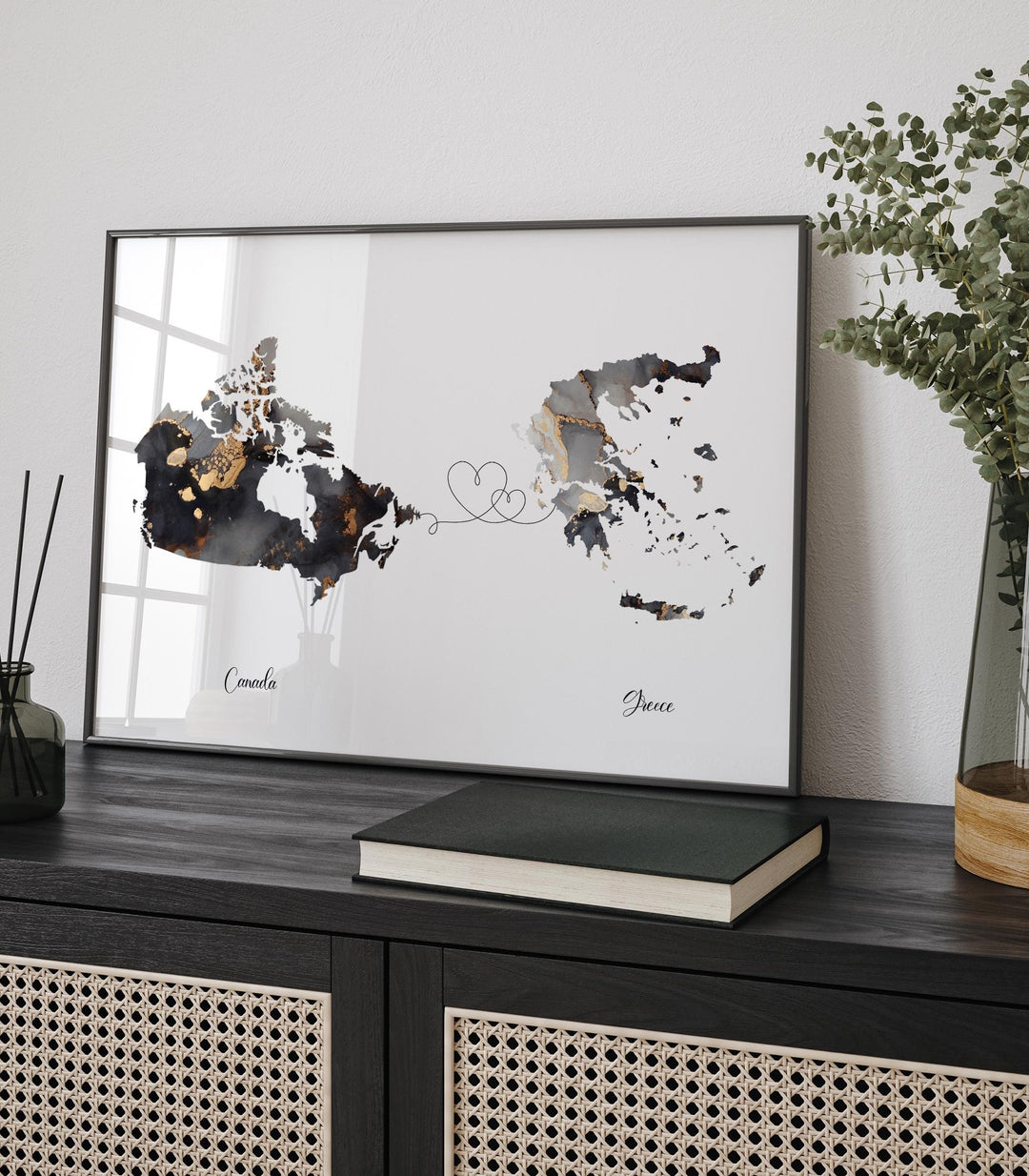 Canada and Greece Map Black & Gold Travel Wall Art Print | Canadian | Minimalist Decor | International Travel Art