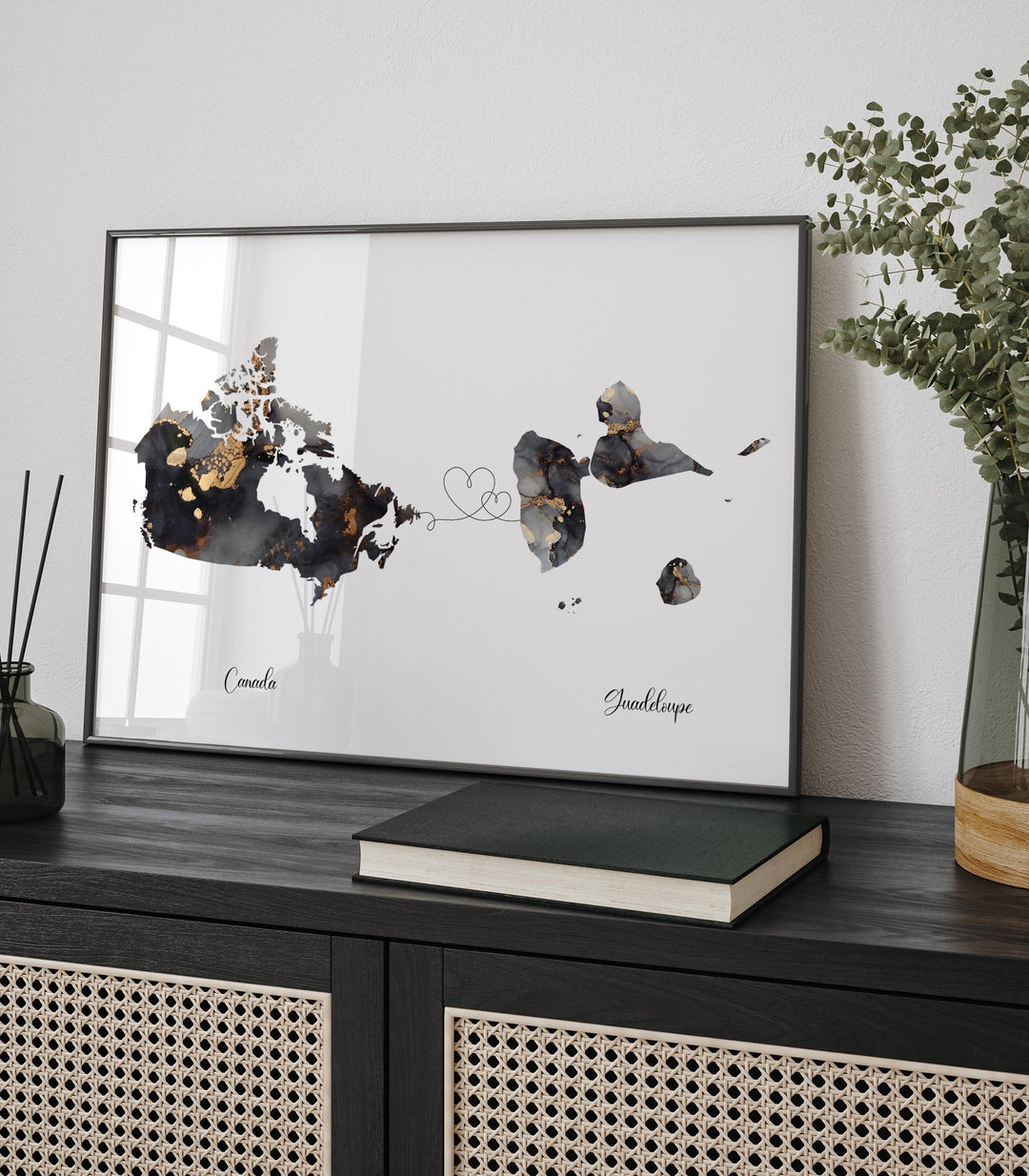 Canada and Guadeloupe Map Black & Gold Travel Wall Art Print | Canadian | Minimalist Decor | International Travel Art