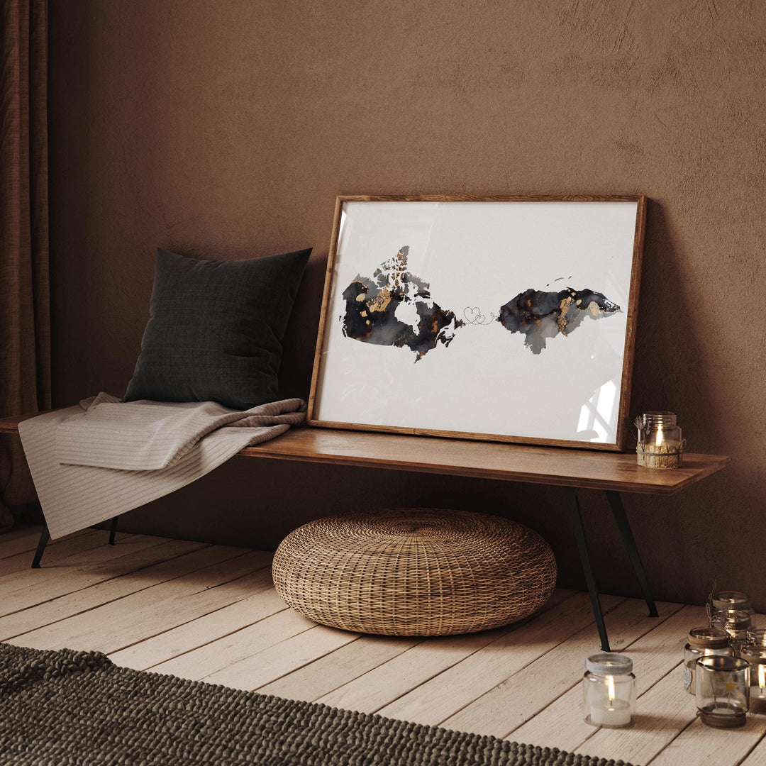 Canada and Honduras Map Black & Gold Travel Wall Art Print | Canadian | Minimalist Decor | International Travel Art