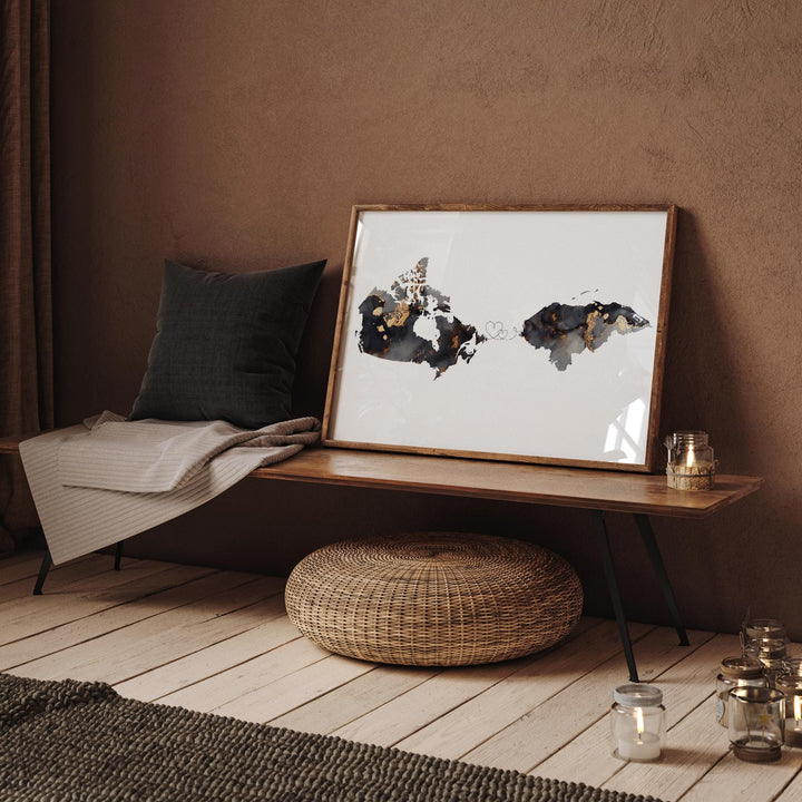 Canada and Honduras Map Black & Gold Travel Wall Art Print | Canadian | Minimalist Decor | International Travel Art