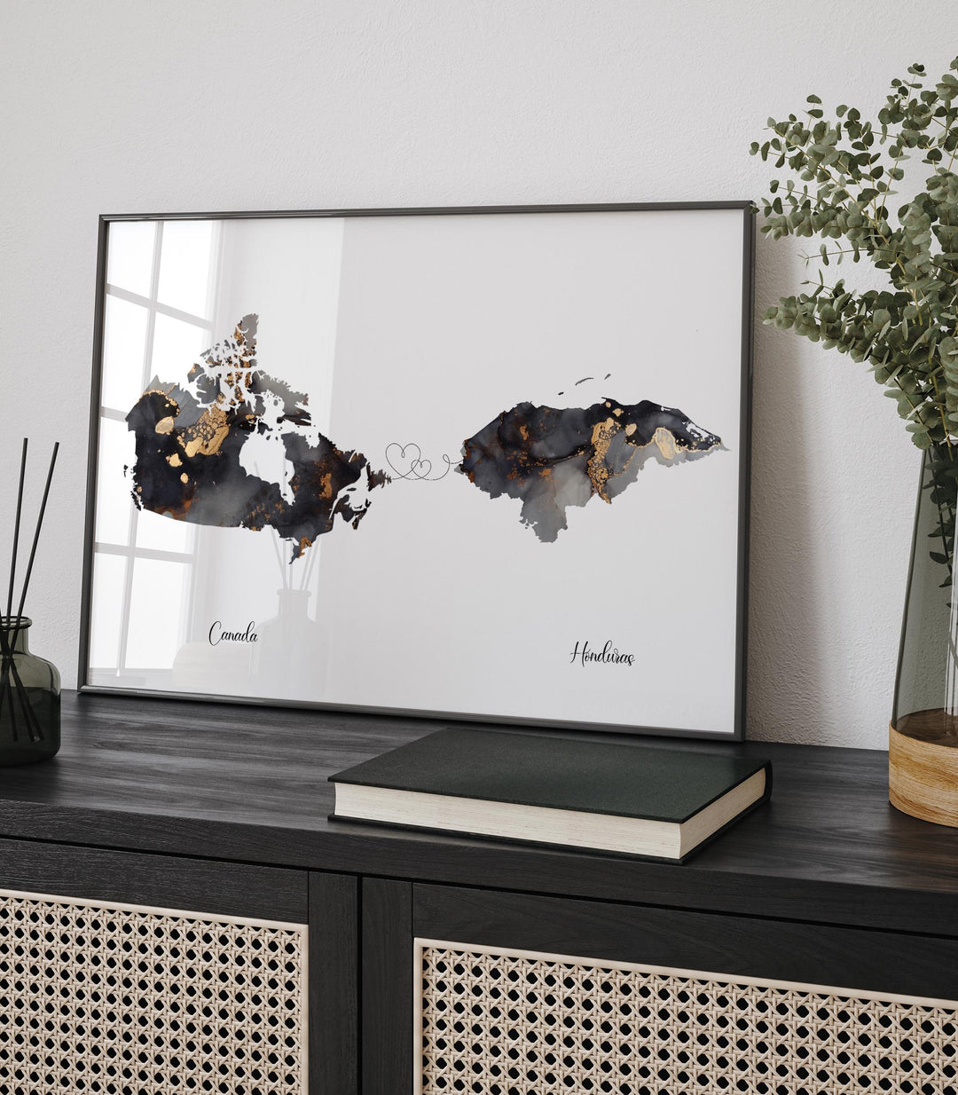 Canada and Honduras Map Black & Gold Travel Wall Art Print | Canadian | Minimalist Decor | International Travel Art