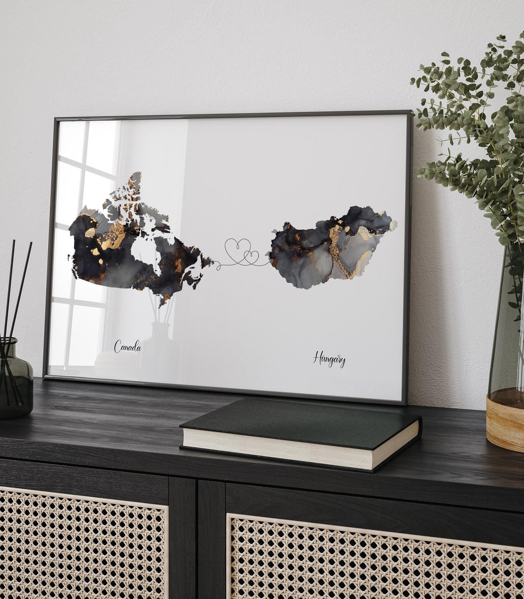 Canada and Hungary Map Black & Gold Travel Wall Art Print | Canadian | Minimalist Decor | International Travel Art