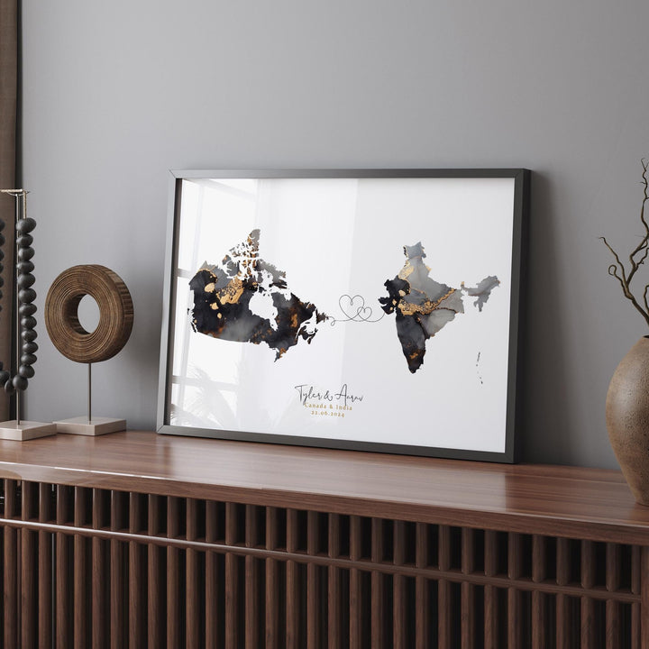 Canada and India Map Black & Gold Travel Wall Art Print | Canadian | Minimalist Decor | International Travel Art