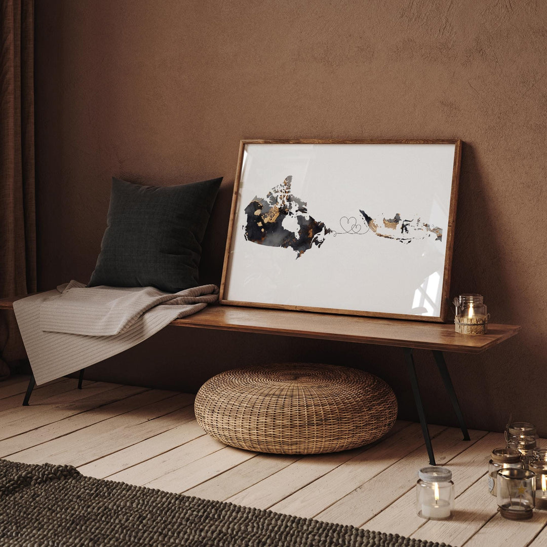 Canada and Indonesia Map Black & Gold Travel Wall Art Print | Canadian | Minimalist Decor | International Travel Art